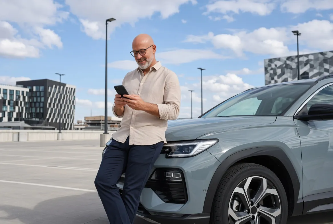 Motorista usando o celular ao lado do carro