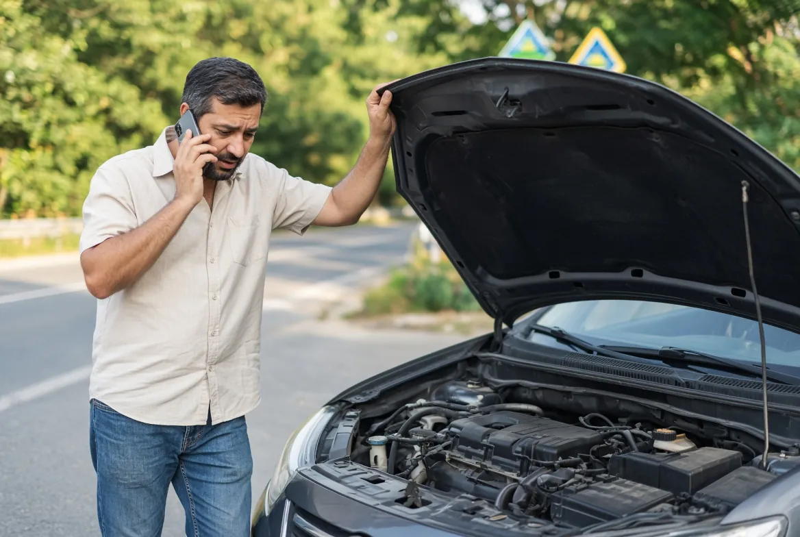 Motorista ao telefone ao lado do carro com o capô aberto