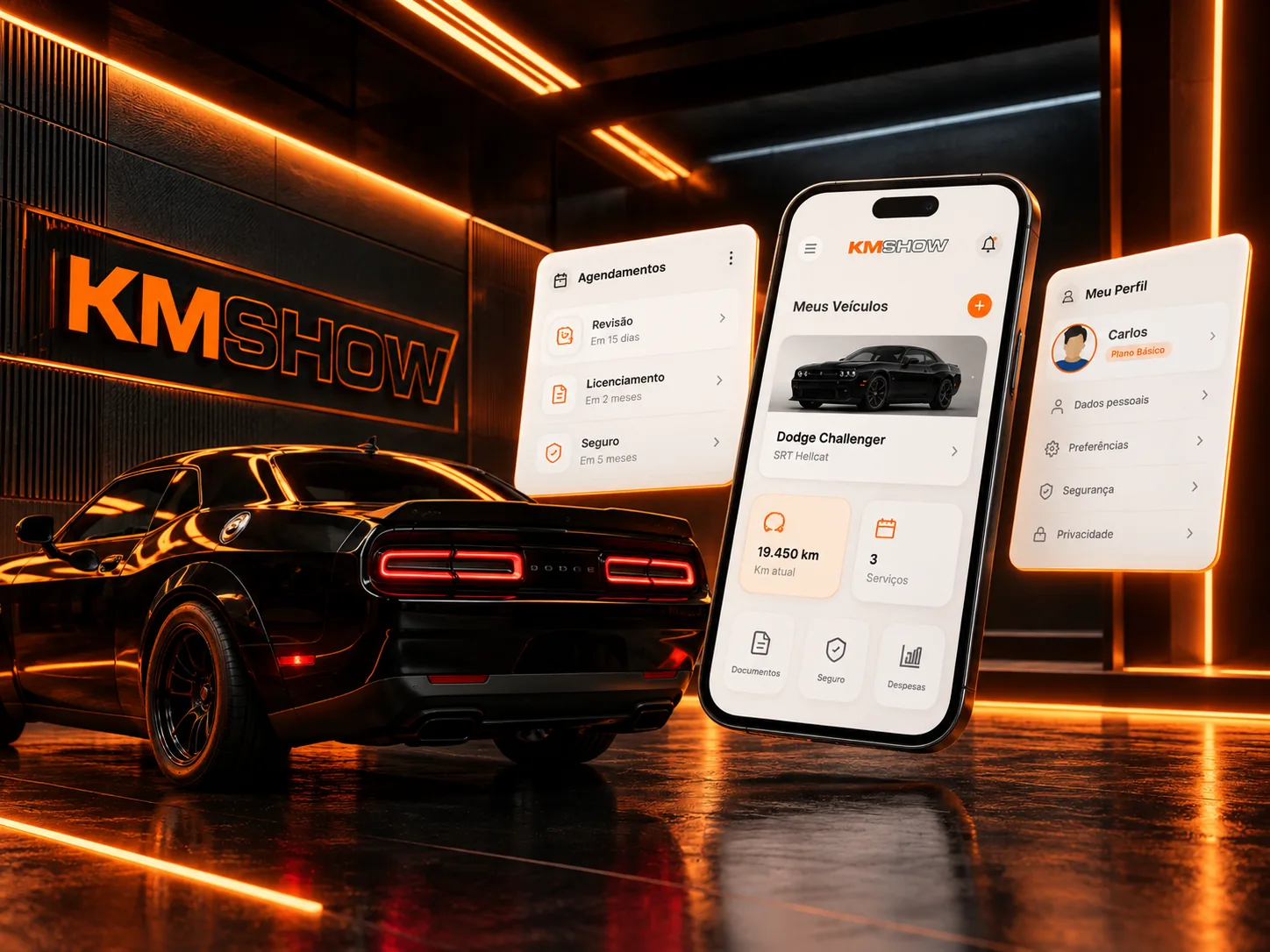App KMSHOW: tela Meus Veículos com agendamentos e perfil
