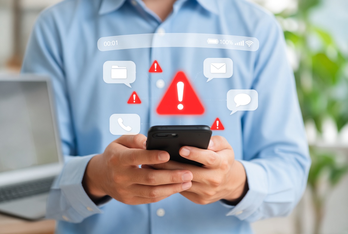 Celular mostrando alertas de manutenção